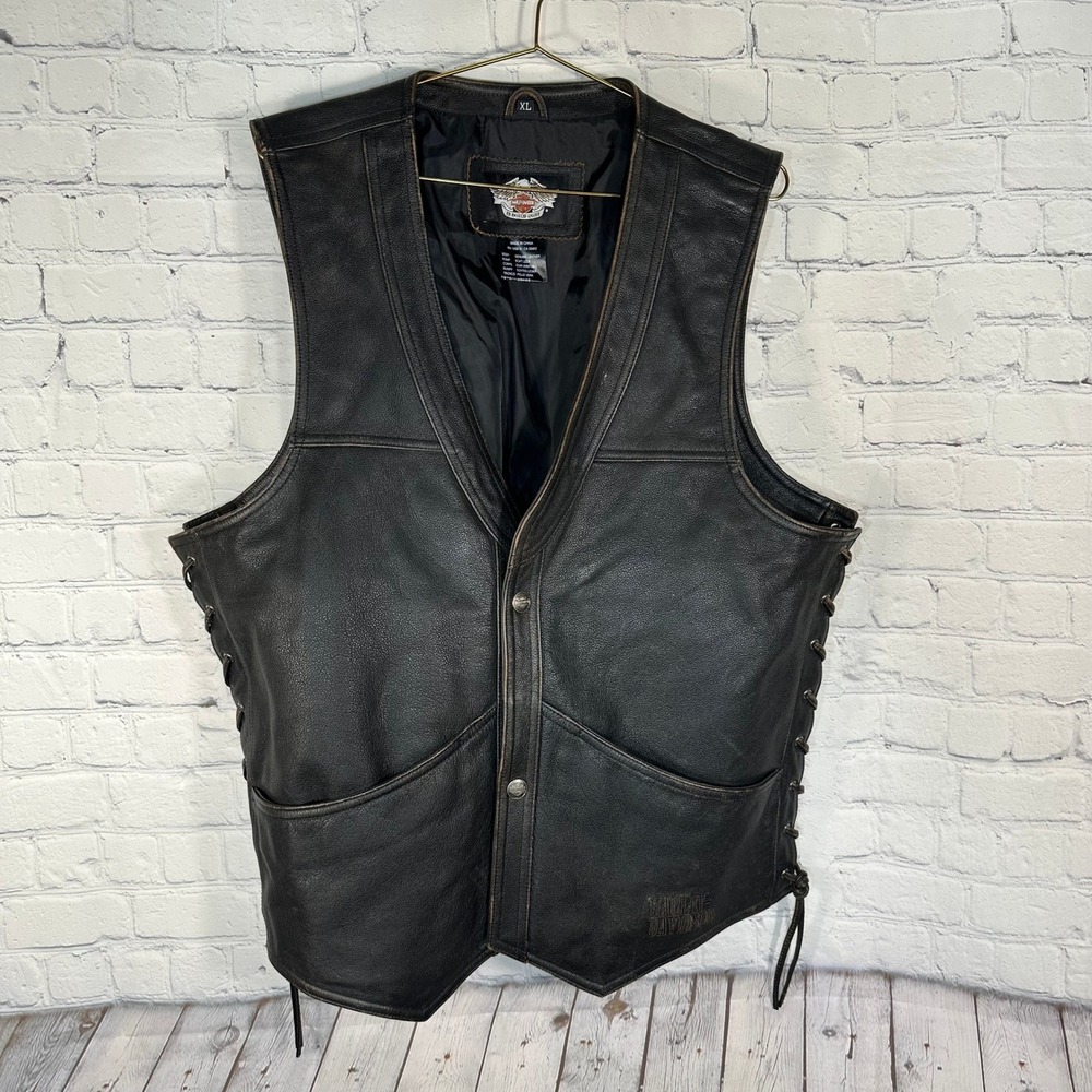 Harley-Davidson Mens Black Leather Lace Up Motorcycle Vest XL Distressed Logo